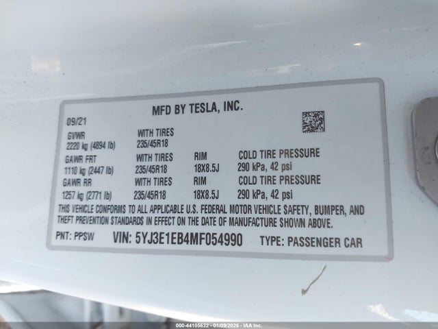2021 TESLA MODEL 3 5YJ3E1EB4MF054990 Photo 8