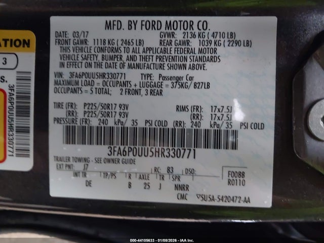 2017 Ford Fusion Hybrid S მანქანა იყიდება აუქციონზე, vin: 3FA6P0UU5HR330771, აუქციონის ნომერი: 44105633
