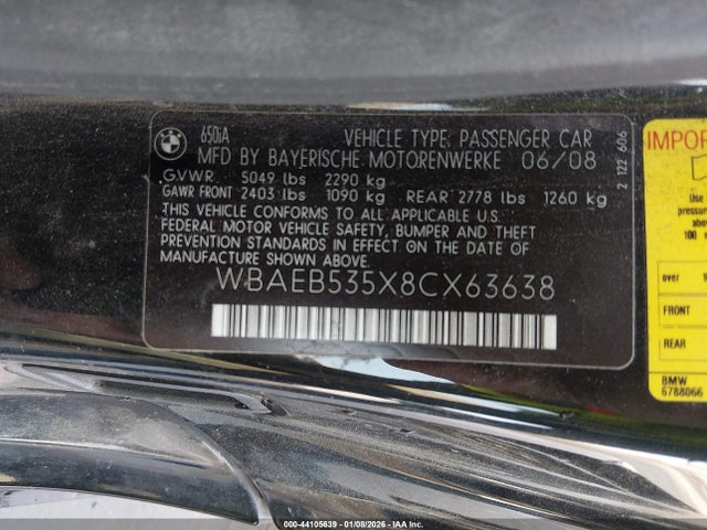 44105639 :رقم المزاد ، WBAEB535X8CX63638 vin ، 2008 Bmw 650i مزاد بيع