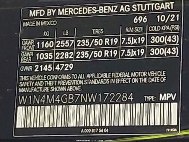 Aukcja sprzedaży 2022 Mercedes-benz Glb 250, vin: W1N4M4GB7NW172284, numer aukcji: 44105667