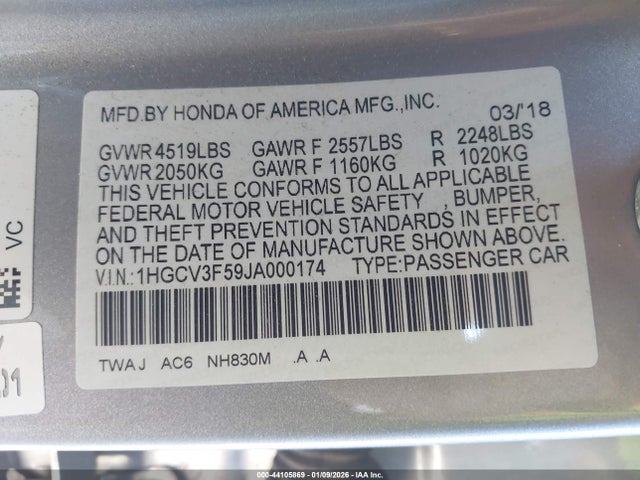 1HGCV3F59JA000174 Honda Accord Hybrid Ex-l
