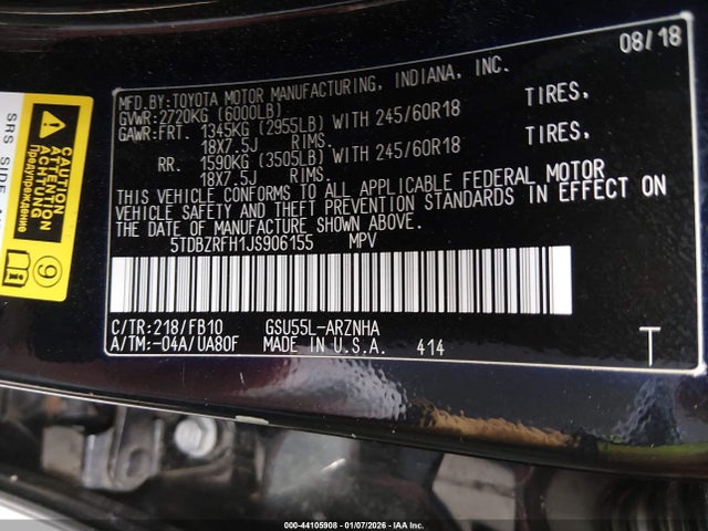 Продажа на аукционе авто 2018 Toyota Highlander Le, vin: 5TDBZRFH1JS906155, номер лота: 44105908