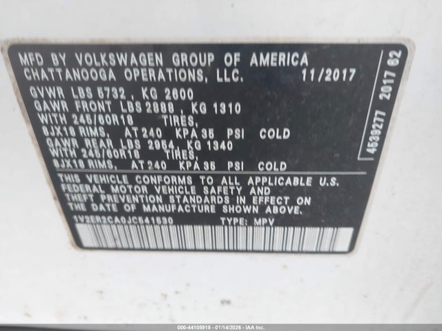 Продаж на аукціоні авто 2018 Volkswagen Atlas 3.6l V6 Sel, vin: 1V2ER2CA0JC541530, номер лоту: 44105918