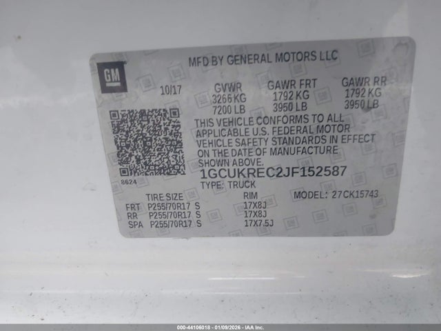 44106018 :رقم المزاد ، 1GCUKREC2JF152587 vin ، 2018 Chevrolet Silverado 1500 1lt مزاد بيع
