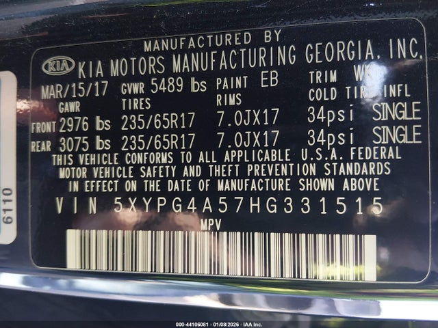 2017 KIA SORENTO 5XYPG4A57HG331515 Photo 8