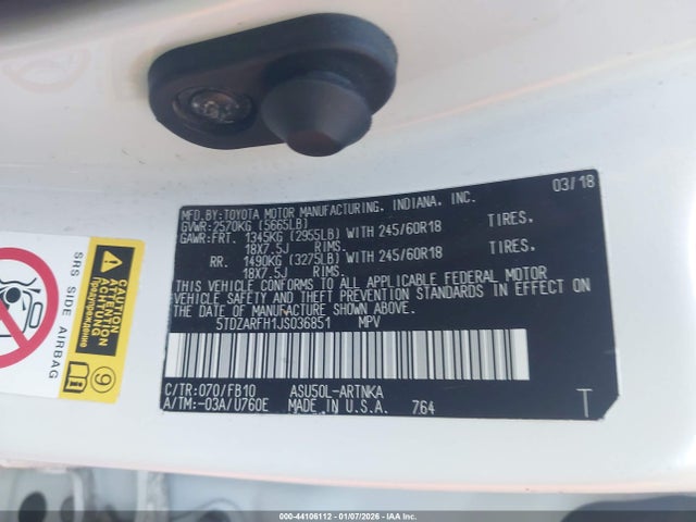 5TDZARFH1JS036851 Toyota Highlander Le