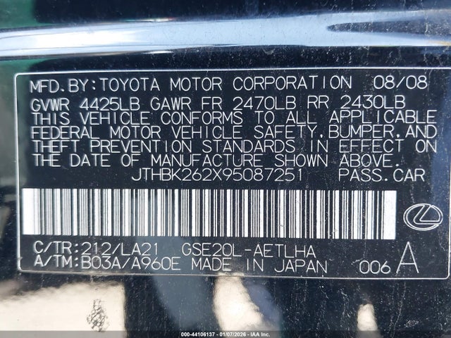 Продажа на аукционе авто 2009 Lexus Is 250, vin: JTHBK262X95087251, номер лота: 44106137