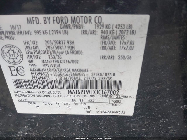 Aukcja sprzedaży 2018 Ford Ecosport Titanium, vin: MAJ6P1WLXJC167002, numer aukcji: 44106150