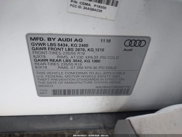 Aukcja sprzedaży 2019 Audi Q5 45 Premium, vin: WA1BNAFY5K2027791, numer aukcji: 44106331