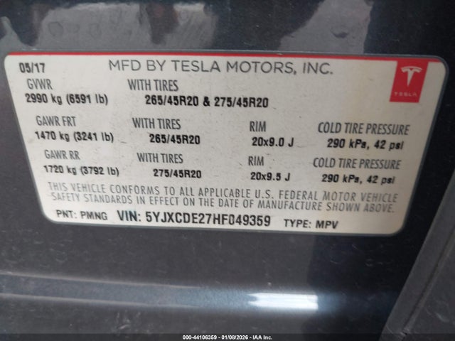 2017 TESLA MODEL X 5YJXCDE27HF049359 Photo 8