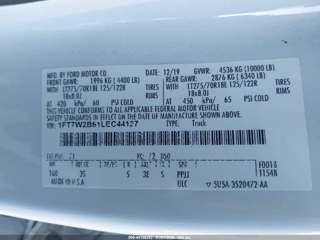 Aukcja sprzedaży 2020 Ford F-250 Xlt, vin: 1FT7W2B61LEC44127, numer aukcji: 44106382
