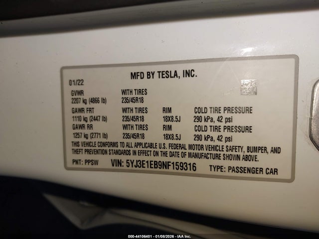 2022 TESLA MODEL 3 5YJ3E1EB9NF159316 Photo 8