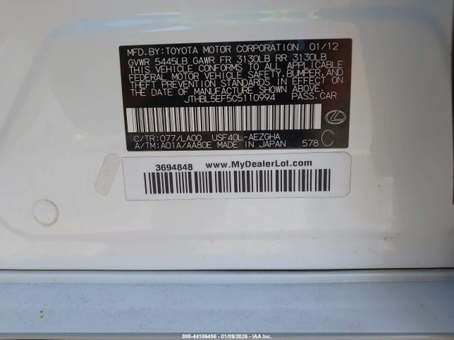 Продажа на аукционе авто 2012 Lexus Ls 460, vin: JTHBL5EF5C5110994, номер лота: 44106458