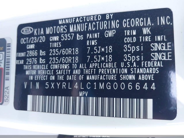 5XYRL4LC1MG006644 KIA SORENTO S