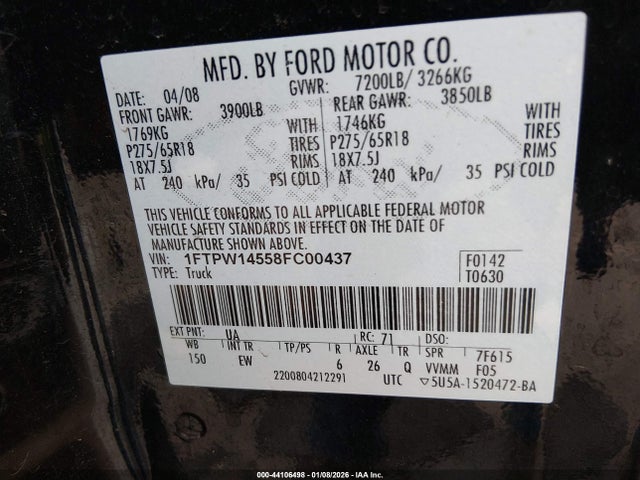 2008 FORD F-150 1FTPW14558FC00437 Photo 8