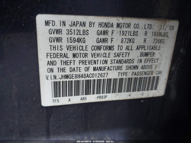 44106519 :رقم المزاد ، JHMGE8H48AC012627 vin ، 2010 Honda Fit Sport مزاد بيع