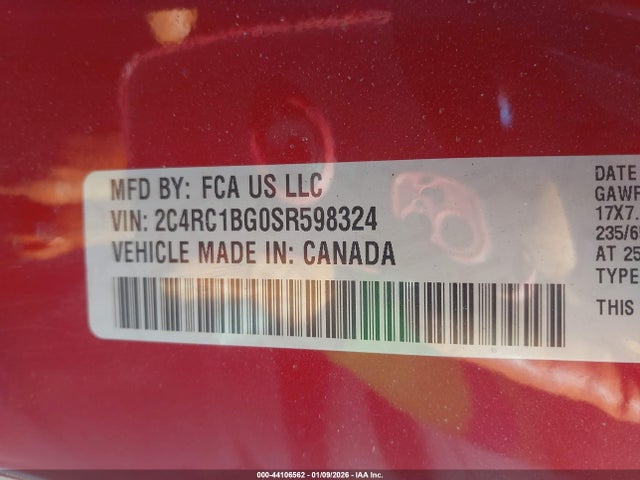 2025 Chrysler Pacifica Select მანქანა იყიდება აუქციონზე, vin: 2C4RC1BG0SR598324, აუქციონის ნომერი: 44106562
