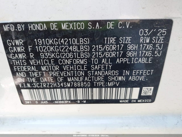 3CZRZ2H34SM788850 Honda Hr-v Awd Lx
