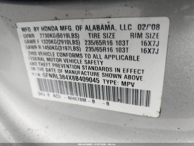 Aukcja sprzedaży 2008 Honda Odyssey Ex, vin: 5FNRL384X8B409045, numer aukcji: 44106692
