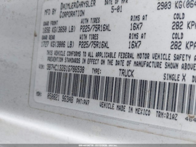 Auction sale of the 2001 Dodge Ram 1500 St, vin: 3B7HC13Z61G786538, lot number: 44106739