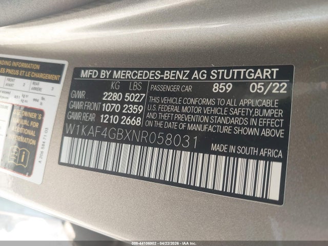 Aukcja sprzedaży 2022 Mercedes-benz C 300 Sedan, vin: W1KAF4GBXNR058031, numer aukcji: 44106902