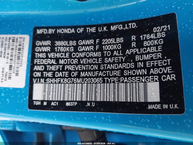 2021 HONDA CIVIC TYPE R SHHFK8G76MU203065 Photo 8