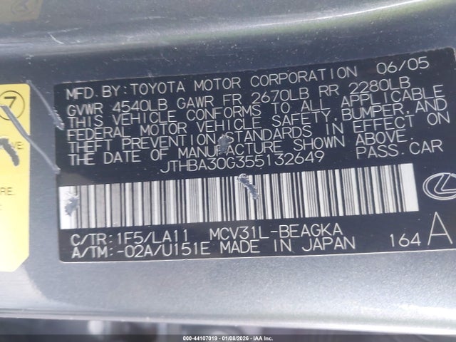 2005 Lexus Es 330 მანქანა იყიდება აუქციონზე, vin: JTHBA30G355132649, აუქციონის ნომერი: 44107019