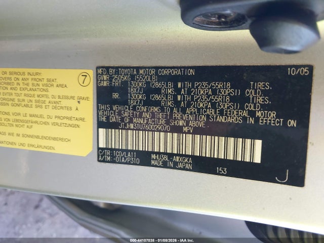44107038 :رقم المزاد ، JTJHW31U760029070 vin ، 2006 Lexus Rx 400h مزاد بيع