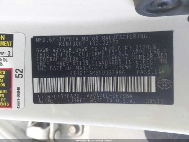 4T1G11AK9NU037996 Toyota CAMRY SE