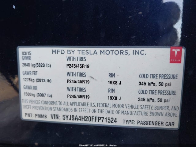 2015 TESLA MODEL S 5YJSA4H20FFP71524 Photo 8