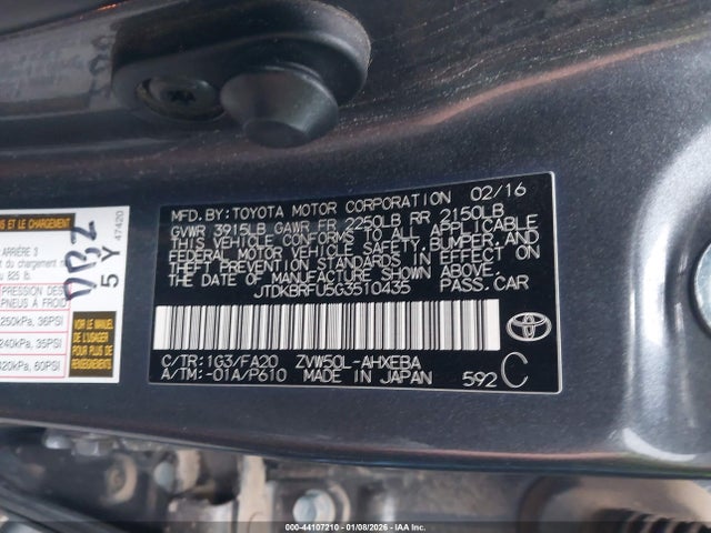 JTDKBRFU5G3510435 Toyota Prius Two