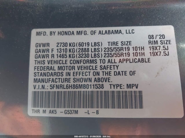 5FNRL6H86MB011538 Honda Odyssey Touring