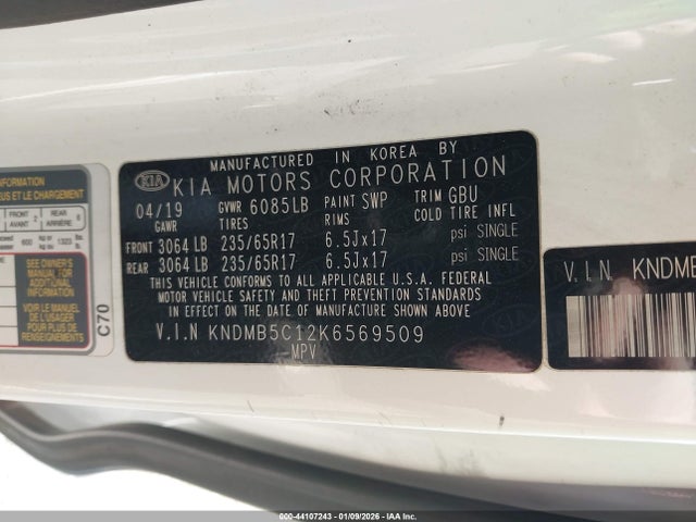44107243 :رقم المزاد ، KNDMB5C12K6569509 vin ، 2019 Kia Sedona Lx مزاد بيع