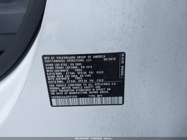 1V2CR2CA4JC571279 Volkswagen Atlas 3.6l V6 Se
