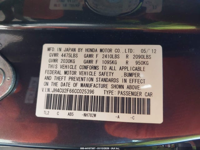 44107387 :رقم المزاد ، JH4CU2F66CC025396 vin ، 2012 Acura Tsx 2.4 مزاد بيع