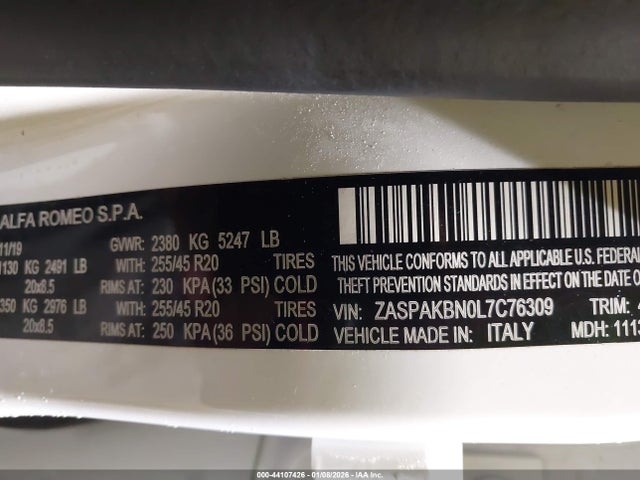 2020 ALFA ROMEO STELVIO ZASPAKBN0L7C76309 Photo 8