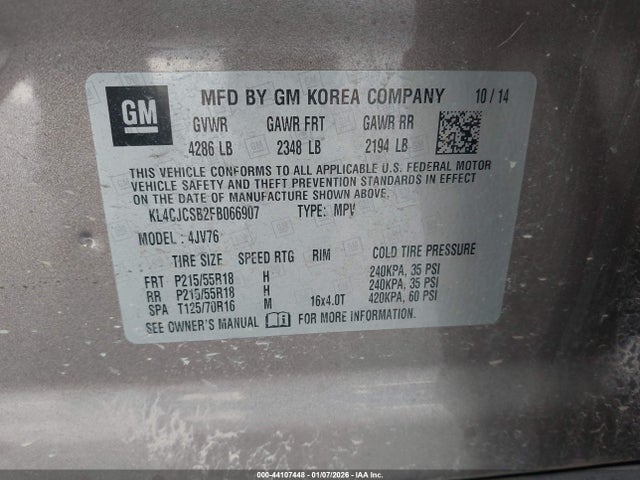 44107448 :رقم المزاد ، KL4CJCSB2FB066907 vin ، 2015 Buick Encore Leather مزاد بيع