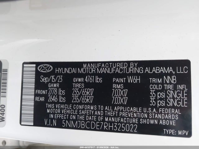 5NMJBCDE7RH325022 Hyundai TUCSON SEL