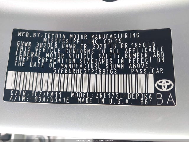 5YFBURHE3FP298463 Toyota COROLLA L