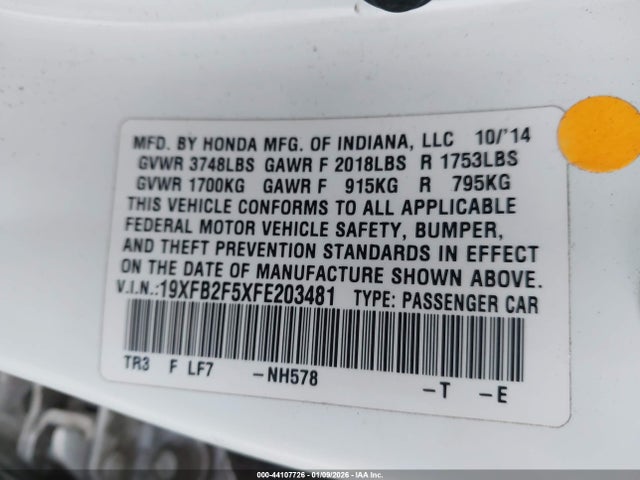 2015 Honda Civic Lx მანქანა იყიდება აუქციონზე, vin: 19XFB2F5XFE203481, აუქციონის ნომერი: 44107726