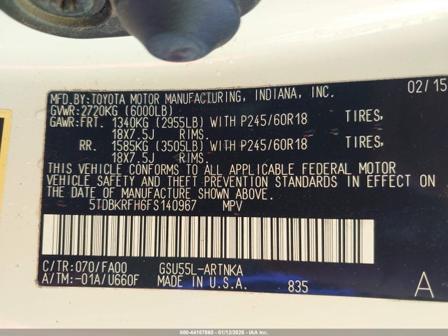 Toyota Highlander Le Plus V6 2015 5TDBKRFH6FS140967 Image 9
