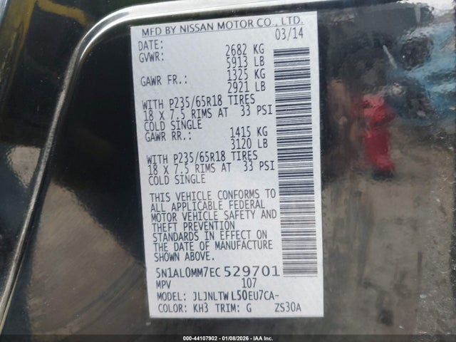 44107902 :رقم المزاد ، 5N1AL0MM7EC529701 vin ، 2014 Infiniti Qx60 مزاد بيع