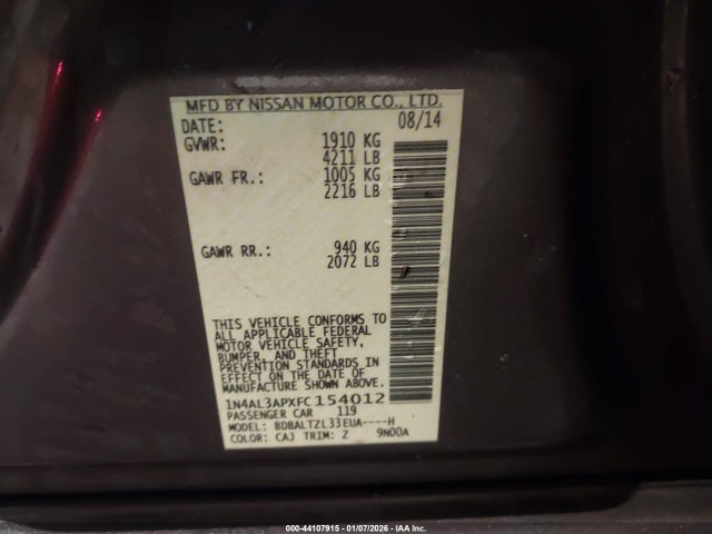 1N4AL3APXFC154012 Nissan Altima 2.5 Sl