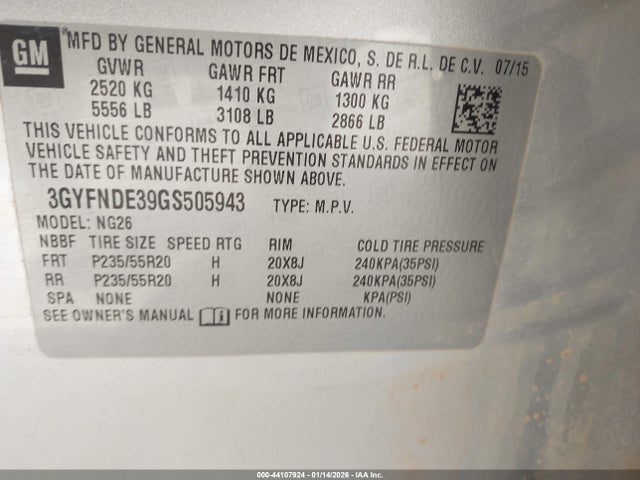 44107924 :رقم المزاد ، 3GYFNDE39GS505943 vin ، 2016 Cadillac Srx Premium Collection مزاد بيع