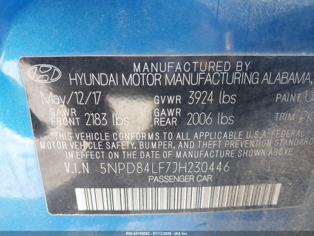 44108052 :رقم المزاد ، 5NPD84LF7JH230446 vin ، 2018 Hyundai Elantra Sel مزاد بيع