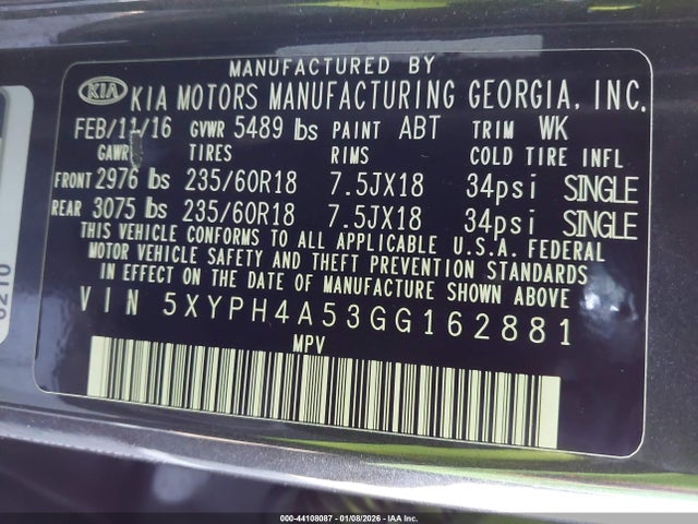 5XYPH4A53GG162881 KIA Sorento 3.3l Ex