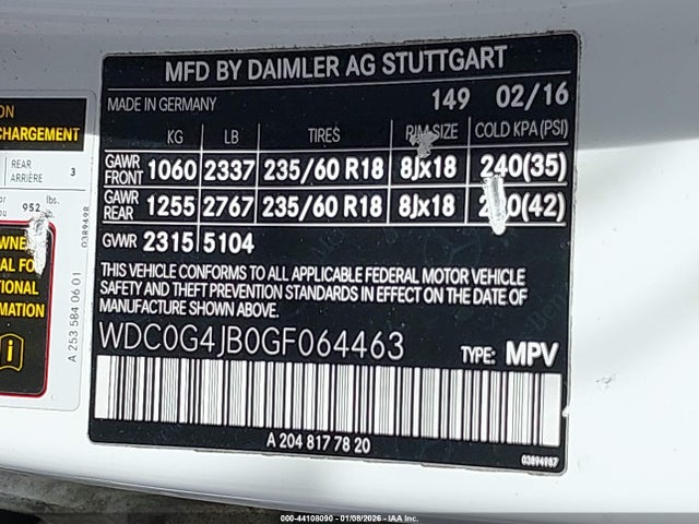 Aukcja sprzedaży 2016 Mercedes-benz Glc 300, vin: WDC0G4JB0GF064463, numer aukcji: 44108090