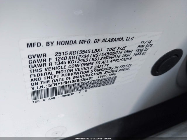5FNYF5H10KB020491 Honda PILOT LX