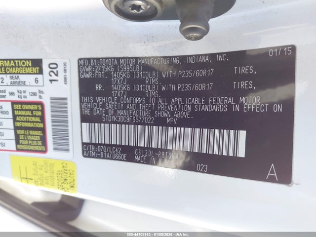 5TDYK3DC9FS577022 Toyota Sienna Xle 8 Passenger
