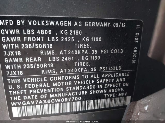 2012 VOLKSWAGEN TIGUAN WVGAV7AX6CW097700 Photo 8